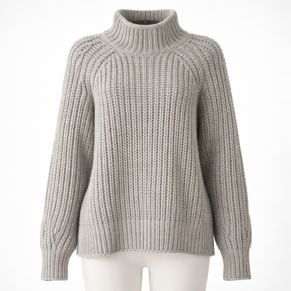 Ribbed Chunky Knit Wool Mock Neck Sweater Gray Size L Pullover Fisherman Relaxed